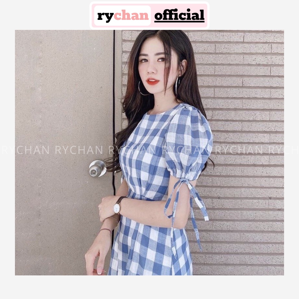 Đầm Xòe Caro Xanh Tay Phồng  - DX765