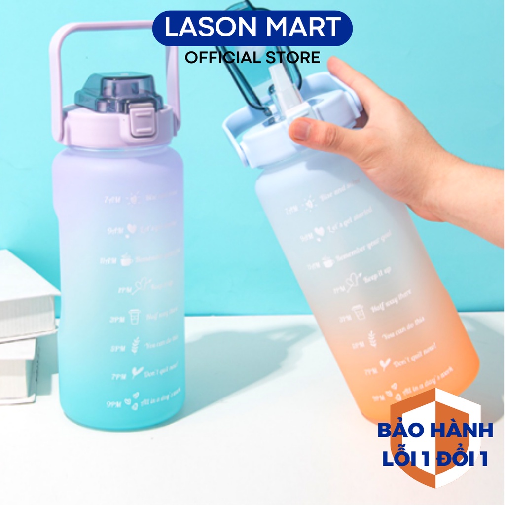 Bình nước 2 lít dành cho người lười uống nước có ống hút, vạch chia nhắc giờ