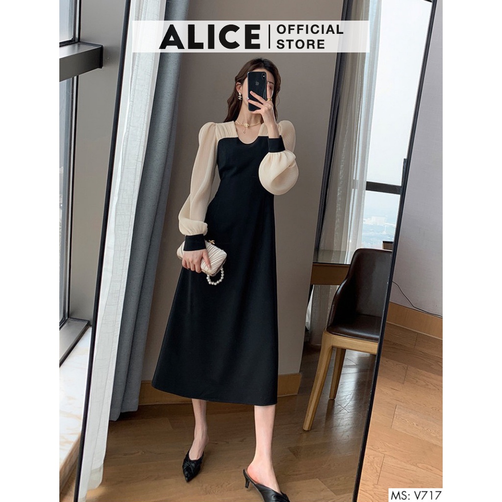 Váy Dài Tay Tiểu Thư ALICE V717, Thiết Kế Ôm Eo Tôn Dáng Bo Cổ Tay Sang Chảnh
