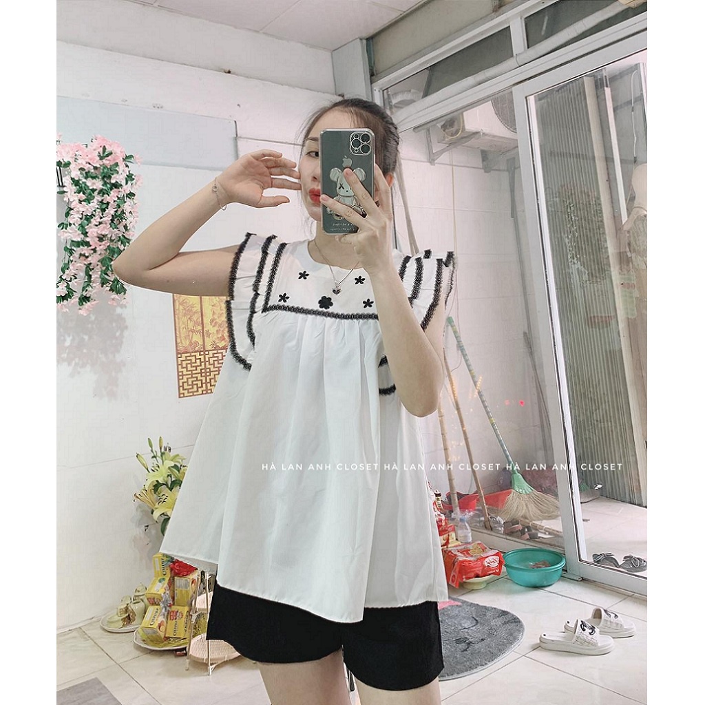 Áo bầu, tay cánh tiên, cổ thêu họa tiết hoa nhí dễ thương, chất thô lụa mềm mát, freesize dưới 68kg