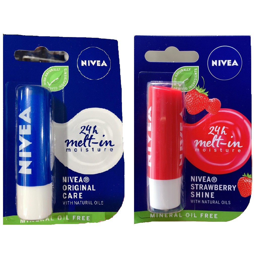 Son dưỡng môi dưỡng ẩm Nivea Original Care (không màu) Caring Lip Balm Strawberry Shine Cherry Shine (có màu) (4.8g)
