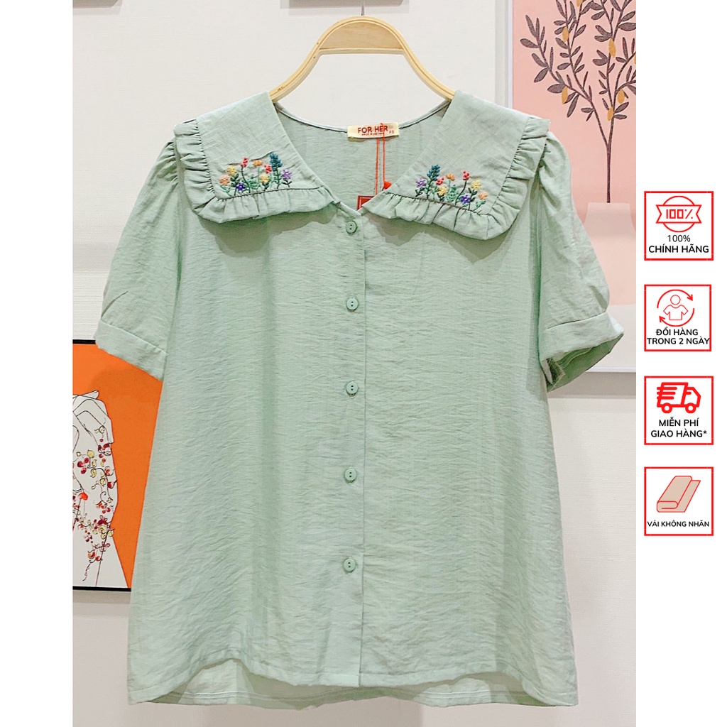 Áo Cổ Vuông FOR HER Bèo Hoa Thêu  AO0610