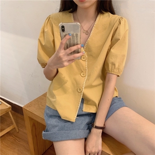 Áo crop top nữ 42583 tay phồng cổ v thời trang