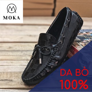 Moka - Giày lười thời trang da caro bóng kèm họa tiết nơ sành điệu, da bò thật, đế khâu bền bỉ Mã GL04