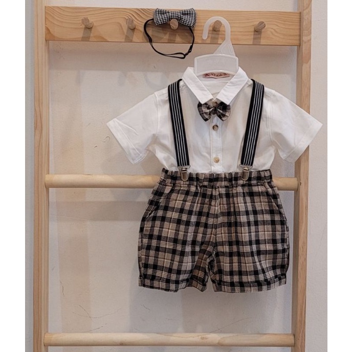Dây đai quần chữ y cho bé trai kèm phụ kiện nơ nón xinh xắn phối yếm vest gile công tử đầy tháng thôi nôi