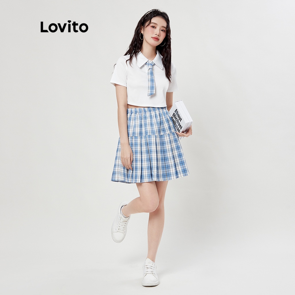 Bộ váy nữ Lovito quấn nút kẻ sọc L33ED066 (Xanh nhạt)