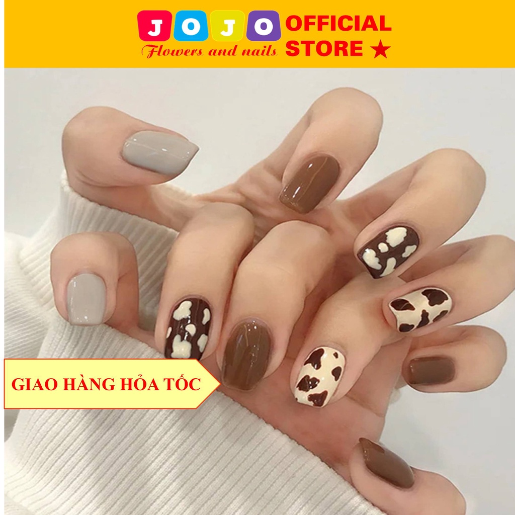 Set 24 móng tay giả sơn trơn vuông nâu cafe họa tiết bò sữa Jojo PD44 thiết kế thời trang Jojo móng giả đẹp có keo dán