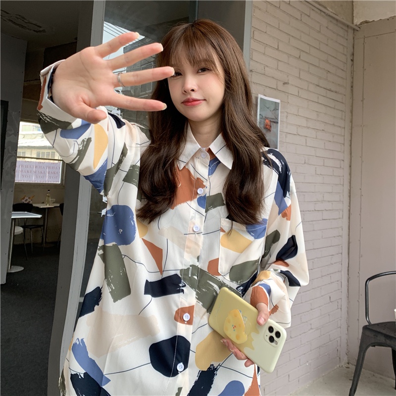 Áo Sơ Mi Dáng Rộng In Họa Tiết Đơn Giản Phong Cách Mùa Thu Mới Cho Nữ