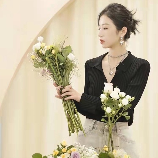 Áo kiểu ZHELIHANGFEI dệt kim tay dài cổ chữ V ôm dáng vừa vặn thời trang dành cho nữ