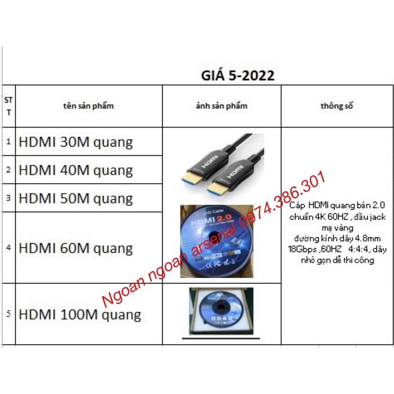 Dây HDMI quang cao cấp nhập khẩu bản 2.0 xuất hình ảnh 4K dài 30m, 40m, 50m, 60m, 100m. Báo giá 1 dây