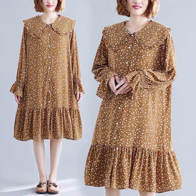 Bigsize dưới 75kg váy bầu mặc được, kiểu dáng sơmi suông đuôi xoè dài tay hoa nhí cổ bẻ to