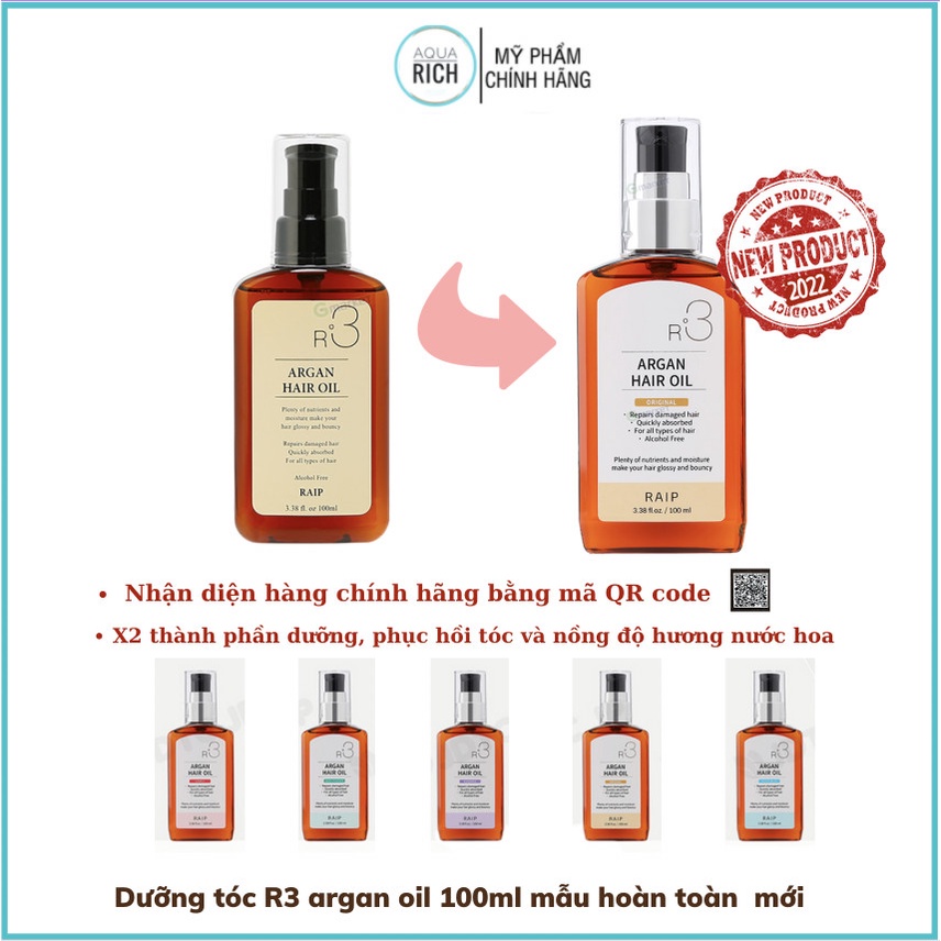 [Mẫu Mới] Dầu Dưỡng Mềm Tóc Argan Raip R3 Argan Hair Oil - 100ml [Xanh - Hồng - Tím - Vàng]