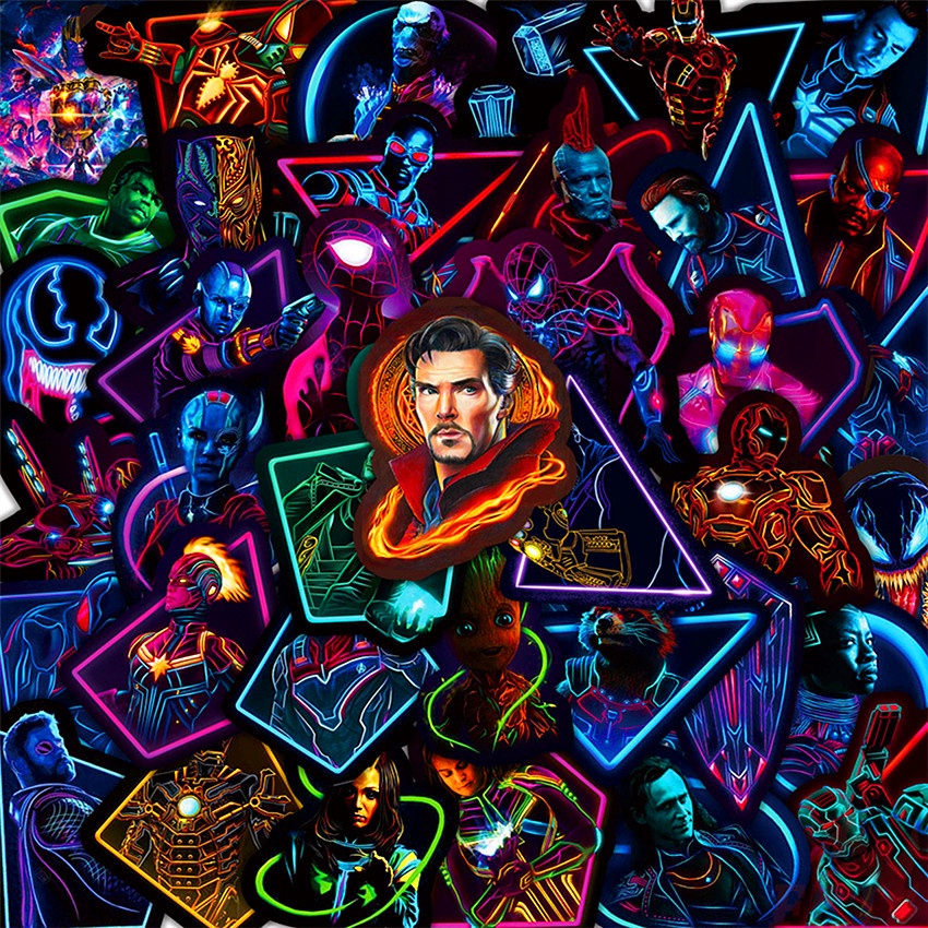 Bộ 50 Cái ❉ Miếng Dán Trang Trí Hình Siêu Anh Hùng Marvel Neon Series 04 ❉ Sticker Dán Ván Trượt Thời Trang