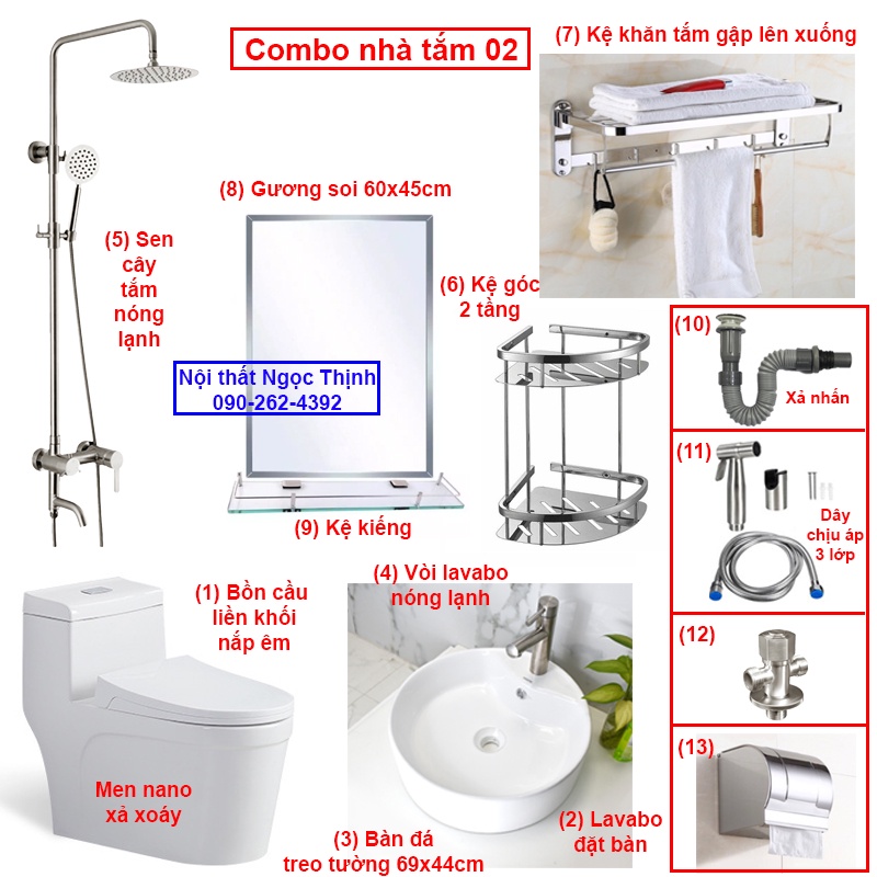 Combo trọn bộ thiết bị nhà tắm cao cấp đầy đủ lắp sử dụng ngay - Bồn cầu men nano cao cấp, kèm sen vòi nóng lạnh