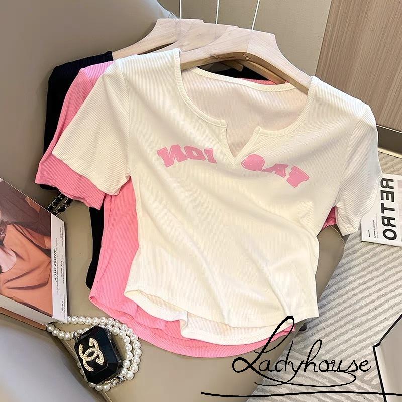 Áo Thun Ngắn Tay Cổ Chữ V In Chữ Đơn Giản Cho Nữ