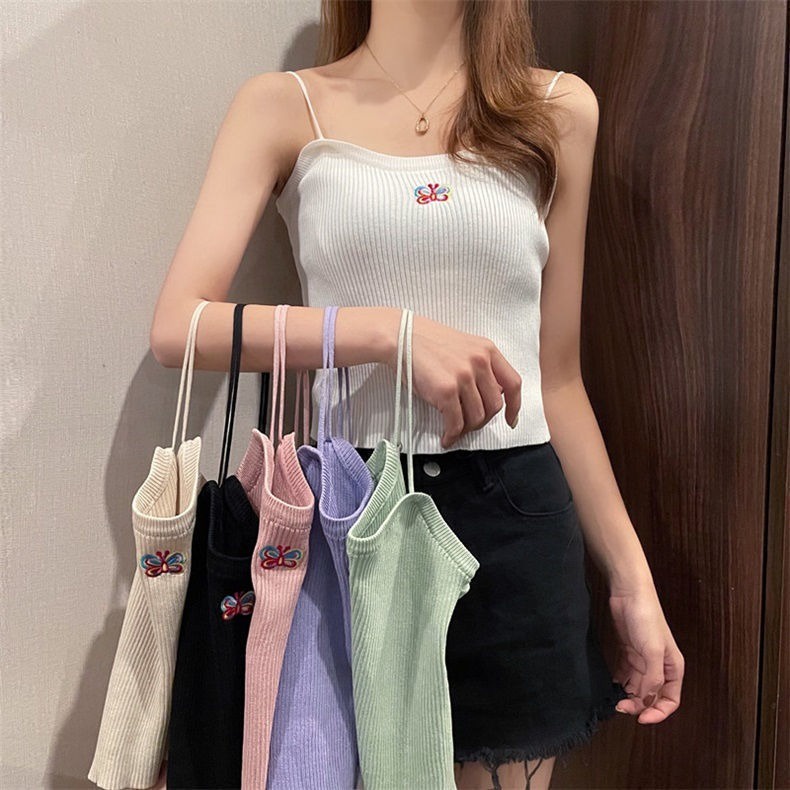 Áo Hai Dây Dệt Kim Màu Trơn Che Bụng Thời Trang Cho Nữ