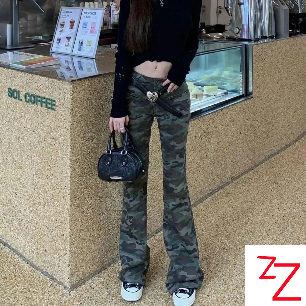 Quần Jean Ống Loe Họa Tiết Rằn Ri Phong Cách Hong Kong Thời Trang Xuân Thu Mới