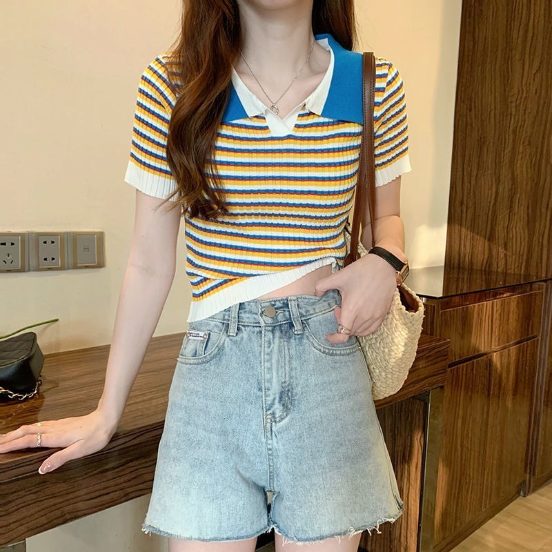 Áo Thun POLO Dệt Kim Tay Ngắn Kẻ Sọc Màu Sắc Tương Phản Dễ Thương