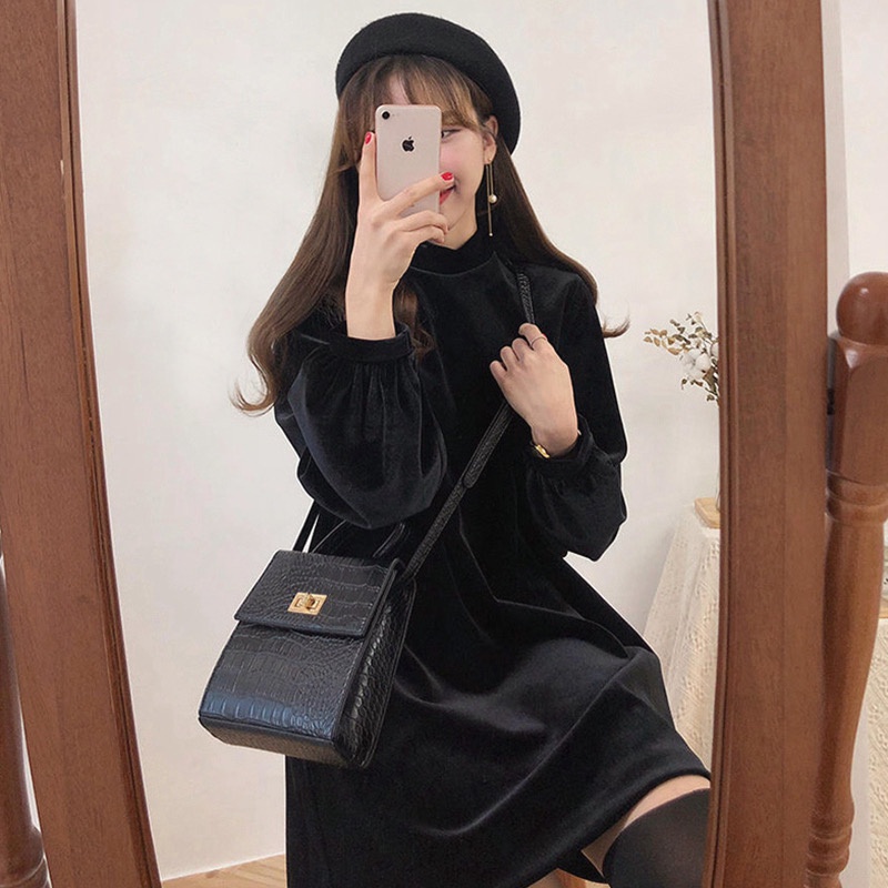 MS241 Váy đầm nhung xoè tay bồng tiểu thư