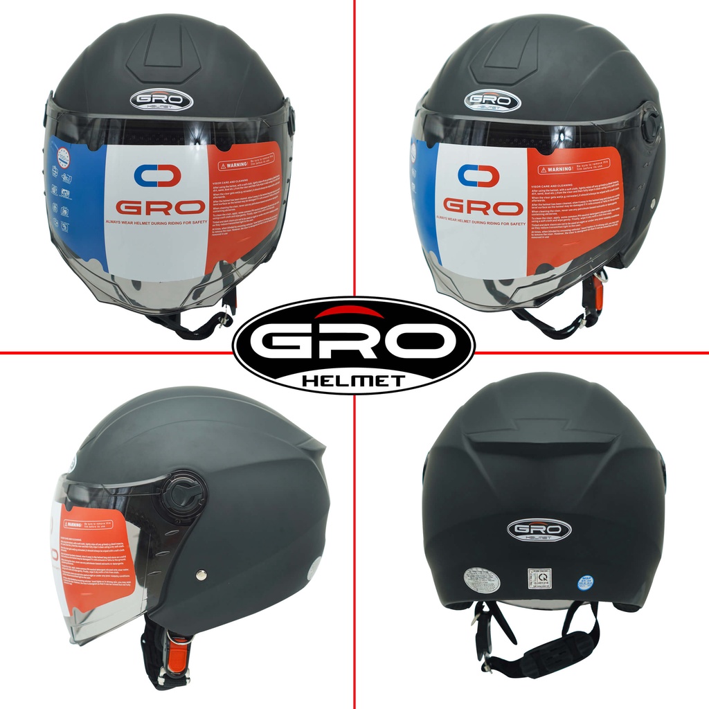 Mũ Bảo Hiểm 3/4 đầu GRO Helmet ST27 có kính dài che cả mặt, kiểu dáng thời trang, khóa kim loại chắc chắn - Đen Nhám