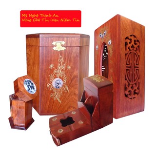 Bộ 4 món tiện ích gỗ hương đỏ Hộp Trà lớn,gạt tàn,hộp tăm,hộp giấy chữ nhật COM04
