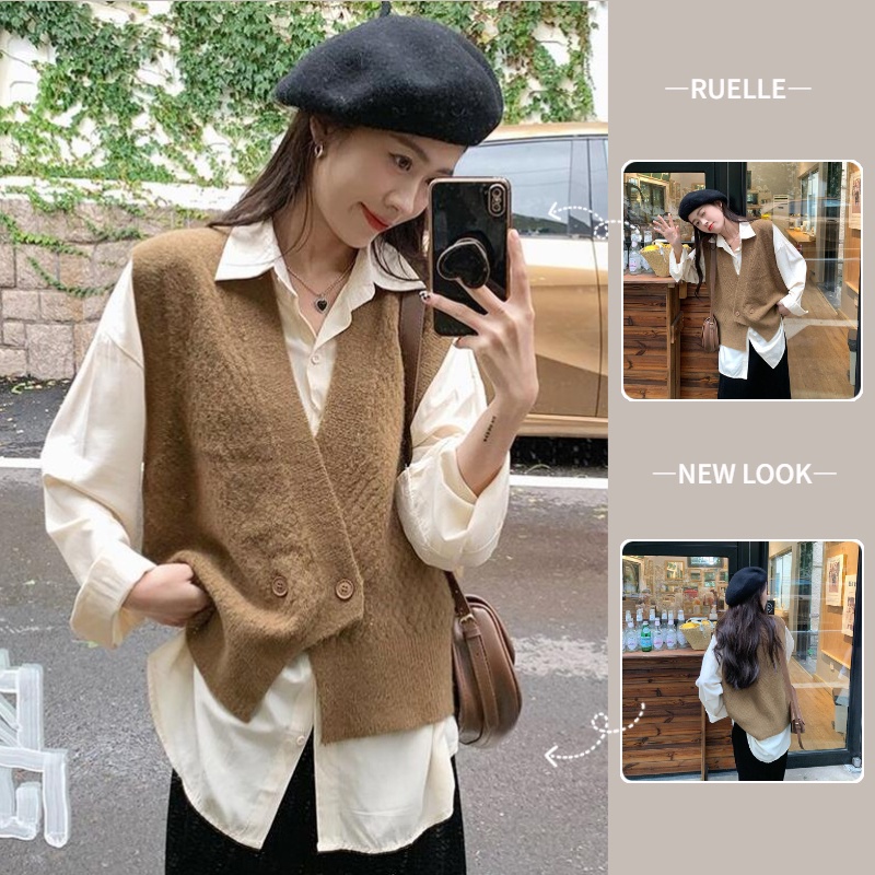 Bộ áo sơ mi tay dài và áo len không tay cổ chữ V thời trang Hàn Quốc cho nữ (có bán lẻ)