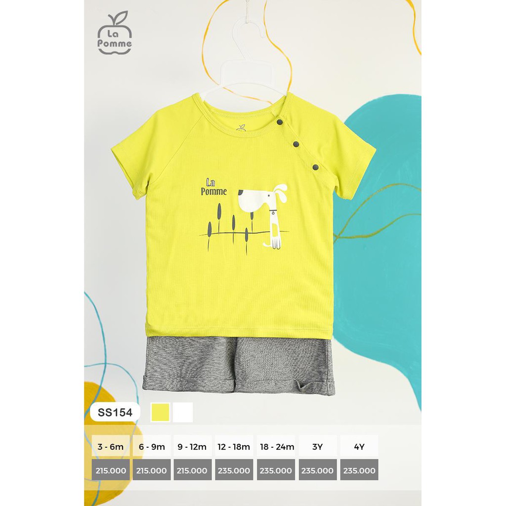 SS 154 Bộ quần áo trẻ em cộc tay La pomme cún cài vai Chú chó Snoopy  (hai màu trắng, vàng)