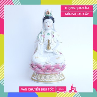 Tượng Phật Bà Quan Âm Bồ Tát ngồi đài sen đỏ gốm sứ - Nhiều cỡ tinh xảo