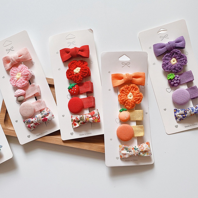 Set 5 kẹp tóc dệt kim hoạ tiết hoạt hình dễ thương thời trang dành cho bé gái