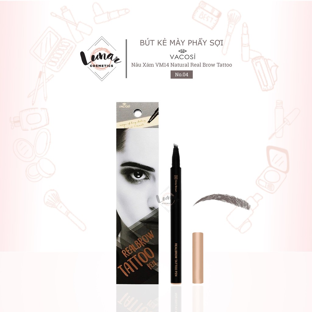 [Đại Lý Vacosi] Bút Kẻ Mày Phẩy Sợi Vacosi Nâu Xám VM14 No.04 Natural Real Brow Tattoo