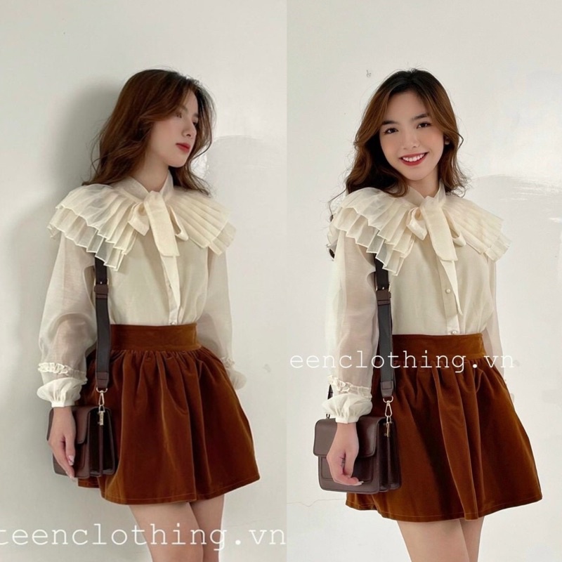 [Ảnh thật/sẵn] Áo sơmi tơ 2 lớp thiết kế cổ bèo dập ly/ sơ mi nữ