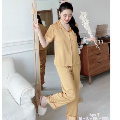 Bộ Pijama Lụa Ý Cao Cấp Quần Dài Tay Ngắn Phối Bèo Xinh Xắn Hàng Có Đủ SizeGiảm 10K Đơn 200K