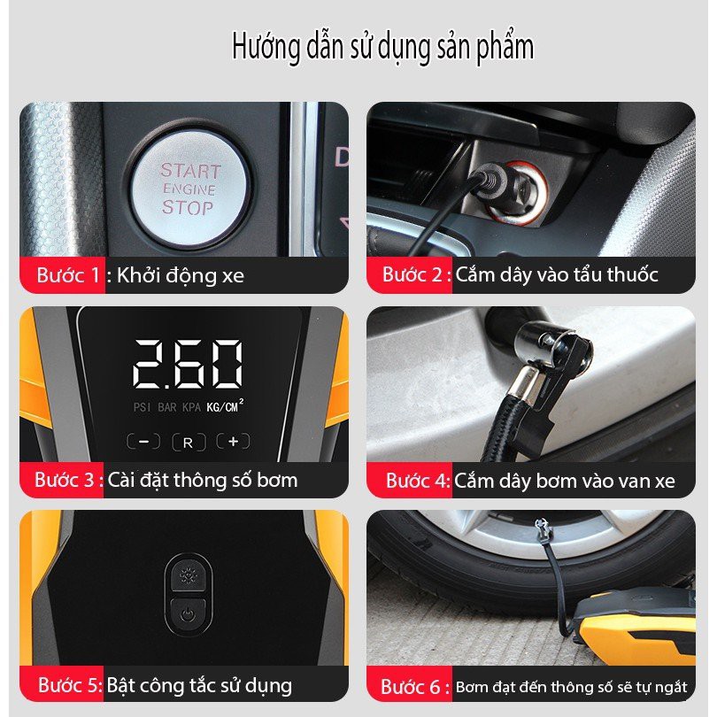 Bơm Lốp Ô Tô Đồng Hồ Điện Tử Thông Minh - Máy Bơm Lốp Mini Đa Năng 12V, Công Suất Lớn,Bơm Nhanh, Tự Ngắt ATJ 1166-S