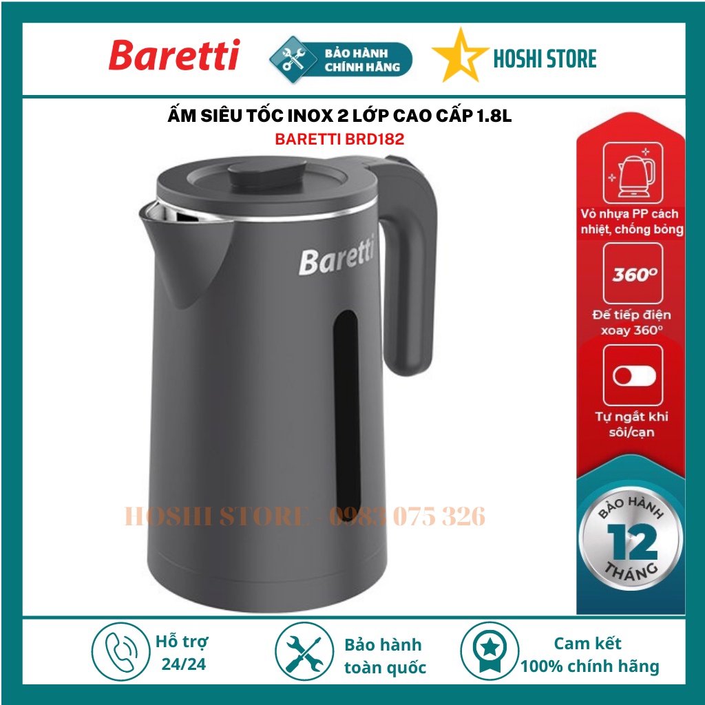 {HÀNG MỚI VỀ} Ấm siêu tốc. Bình đun siêu tốc inox 2 lớp BRD182 Baretti 1.8L màu đen siêu sang