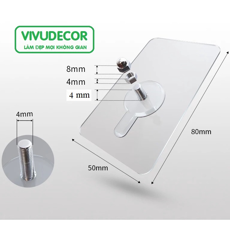 Móc dán tường Vivudecor siêu chịu lực siêu dính, Miếng dán tường inox có ốc vít đa năng 8x5 cm