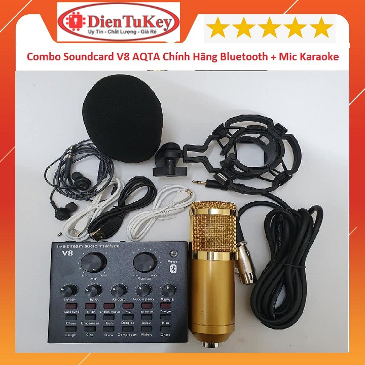 Combo Soundcard V8 AQTA Chính Hãng Bluetooth + Mic Karaoke Livetream BM 900, Có AutoTune Chuẩn Phòng Thu