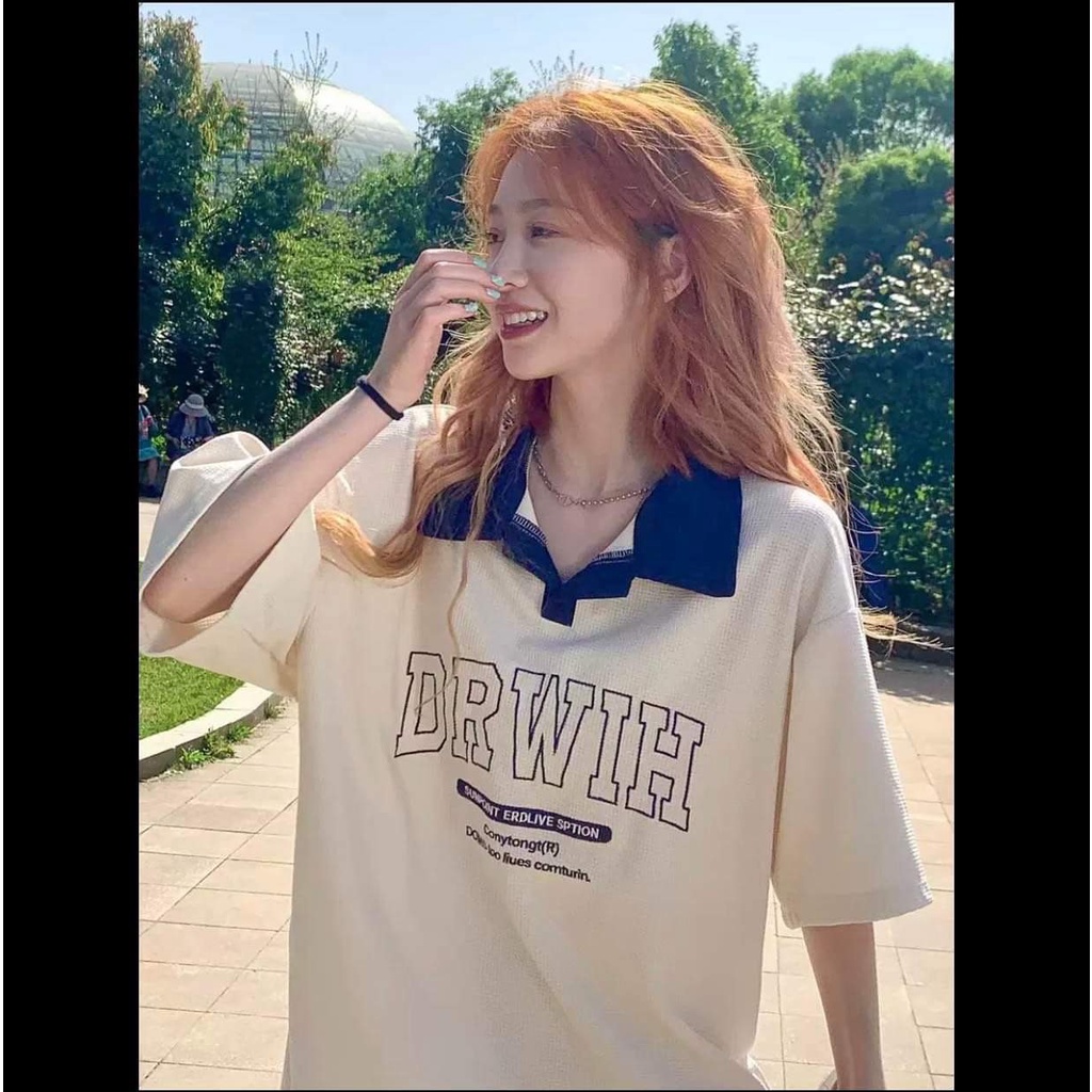 Áo thun POLO Xốp nữ Màu Be tay lỡ có cổ phông form rộng freesize unisex mặc đi học, cặp, nhóm, lớp thêu hình DỄ THƯƠNG