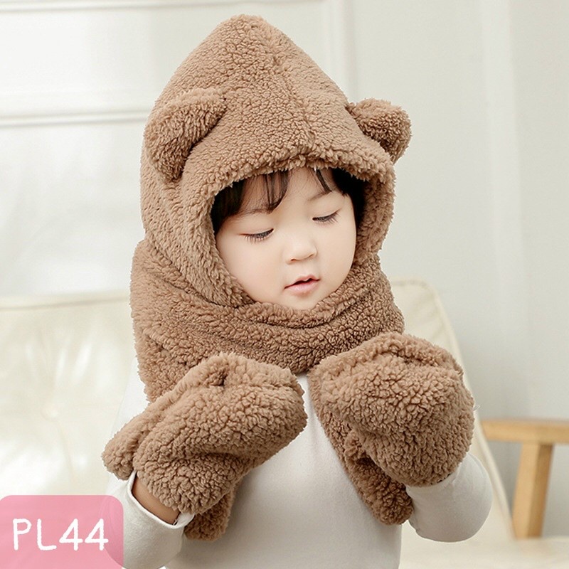 PVN38724 Mũ len trùm đầu tai gấu liền khăn cổ giữ ấm kèm găng tay chồng gió lạnh mùa đông hàng Quảng Châu T2