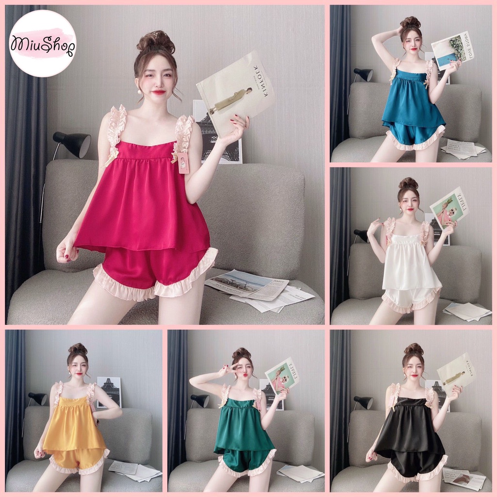 👉👉Sét đồ ngủ 2 dây nhún bèo lụa satin 👉👉quần đùi cao cấp đồ bộ dễ thương