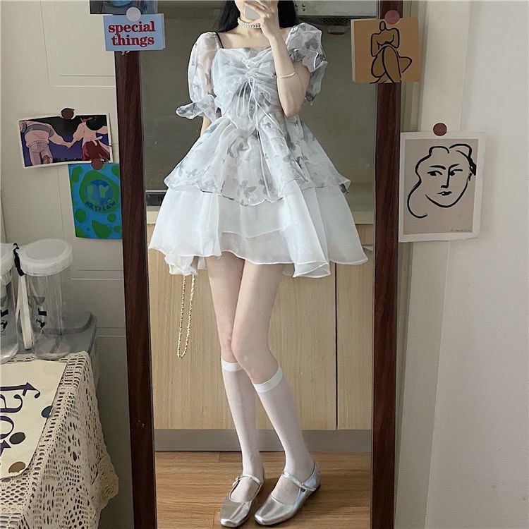 Váy hoa tiểu thư tay bồng xoè 2 lớp bồng bềnh