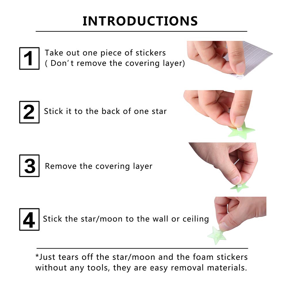 Set 100 sticker dạ quang hình ngôi sao/mặt trăng dán trần nhà trang trí