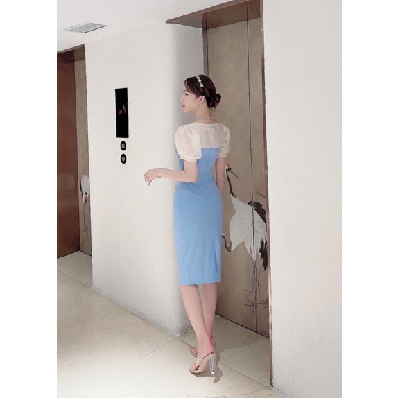 Đầm dự tiệc thiết kế body dáng ôm cổ chéo phối ren công sở cao cấp | BigBuy360 - bigbuy360.vn