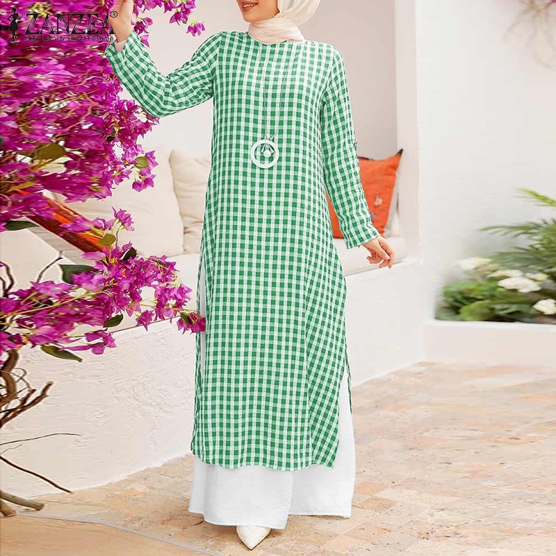 Set đồ Zanzea gồm áo caro dài tay cổ tròn + chân váy xòe cho phụ nữ hồi giáo