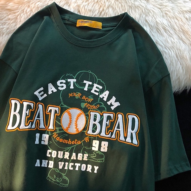 Áo Thun Tay Ngắn Form Rộng Họa Tiết Thêu Hình Gấu Theo Phong Cách Retro Mỹ