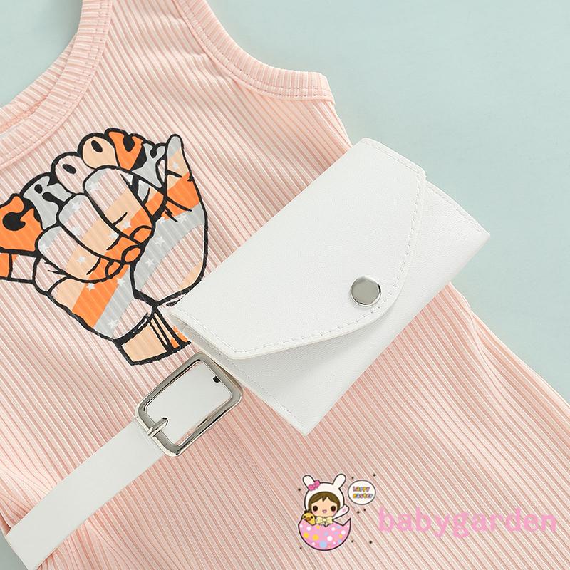 BABYGARDEN-6Months-5years Baby Girls Summer Outfits, Sleeveless Letter Print Ribbed Jumpsuit Shorts + Waist Bag Set