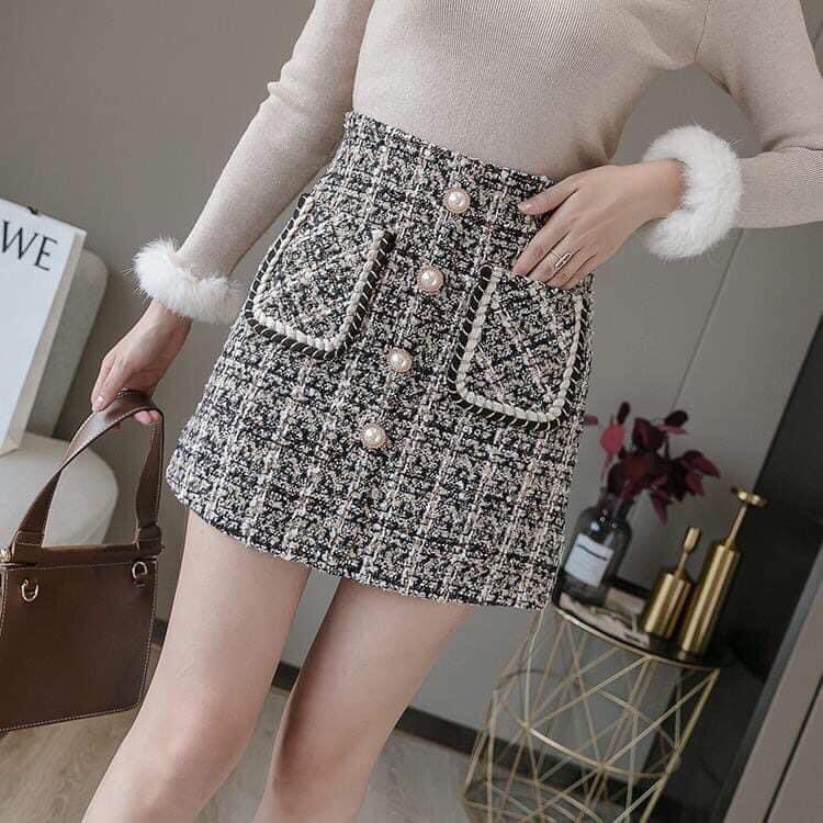 Váy ngắn ZARA xuất xịn form A chất dạ tweed kẻ moisac túi 2 bên khuy ngọc màu be
