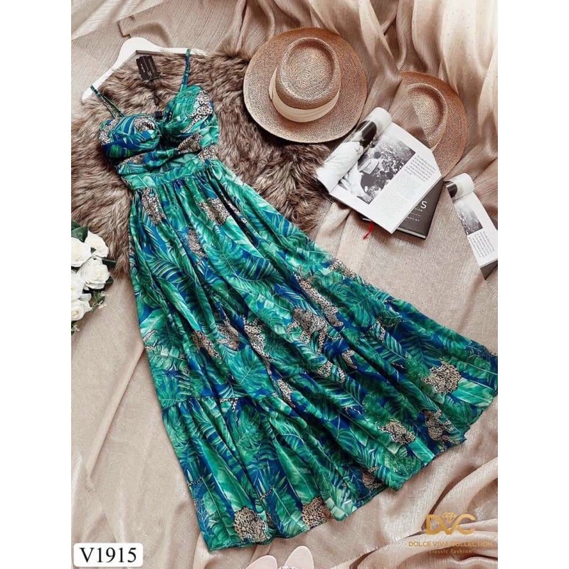 Đầm maxi hoa xanh hai dây khoét eo xẻ tà chất voan tơ