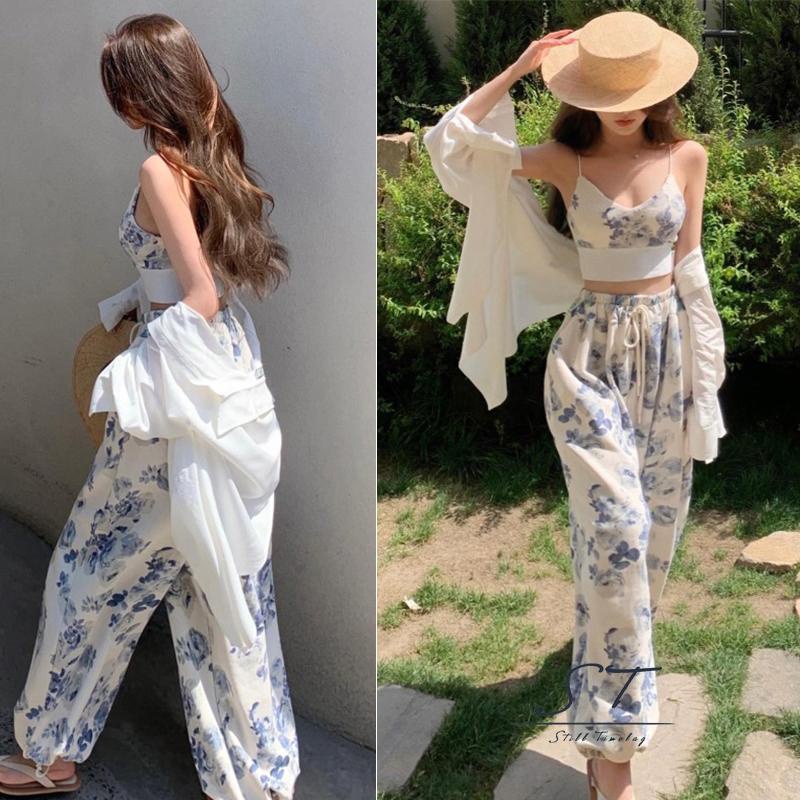 Bộ Trang Phục 2 Mảnh Gồm Áo Hai Dây Cổ Chữ V In Họa Tiết Hoa + Quần Lưng Thun Dây Rút Thời Trang CY03