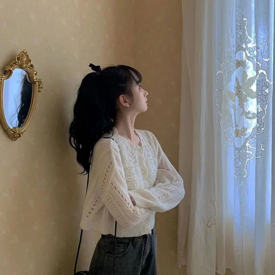 Áo khoác Cardigan đính ngọc trai phong cách retro dễ phối đồ