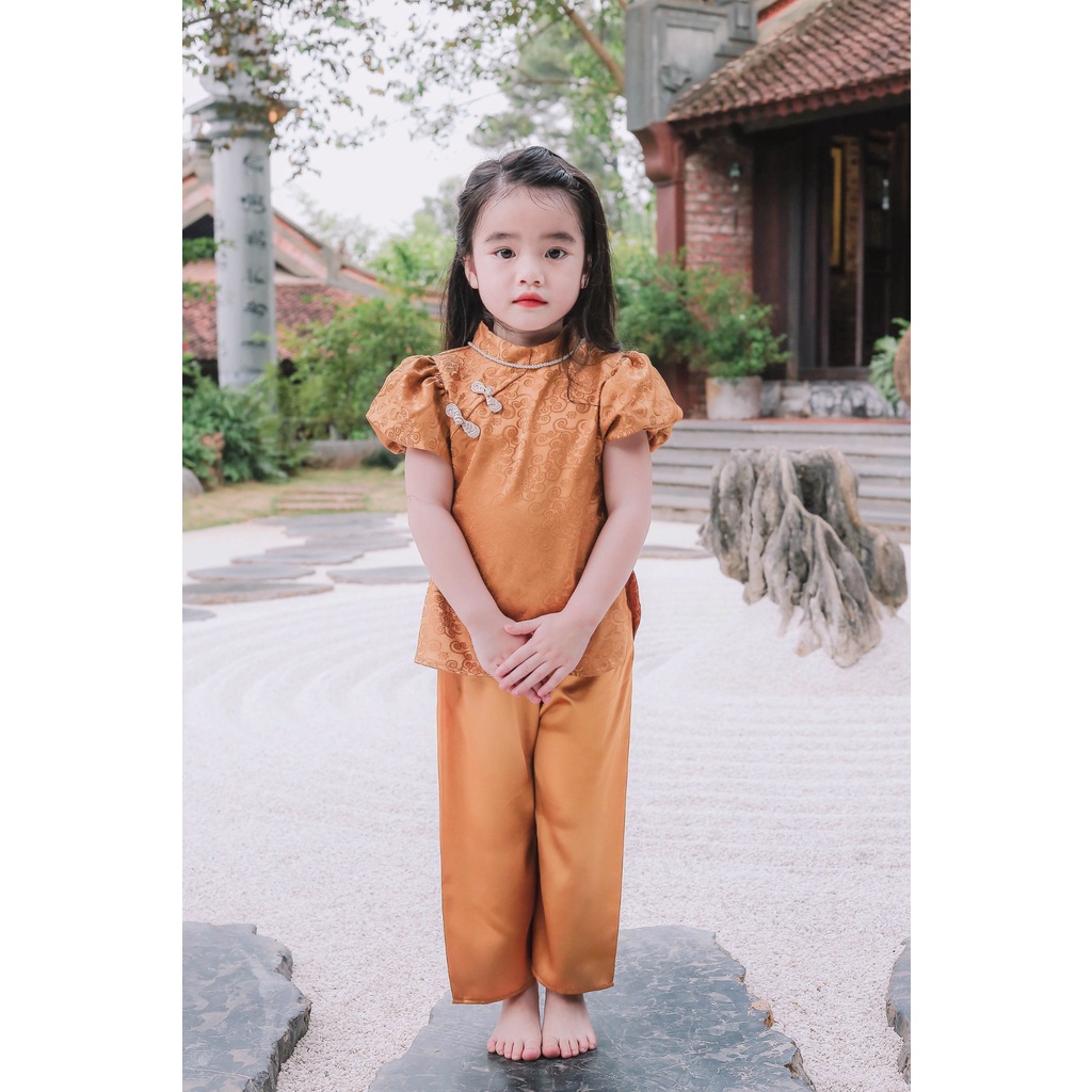 Đồ Lam Đi Chùa Bé - Bộ Đôi Mẹ & Bé Đ Lễ Chùa Vải Lụa Gấm Nổi Cao Cấp Hồng Kông Tay Phồng BÉ AL028